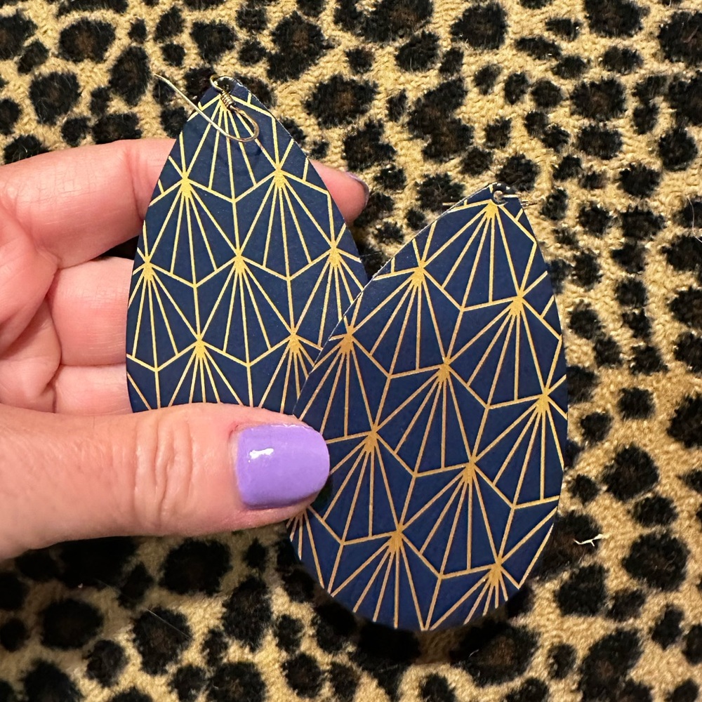 Geometric Blue & Gold Leather Teardrop Earrings - Picture 2 of 8